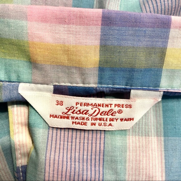 VINTAGE 70s Pastel Retro Blouse Buttoned Tank Top Shirt Checkered Plaid Large - Picture 9 of 9